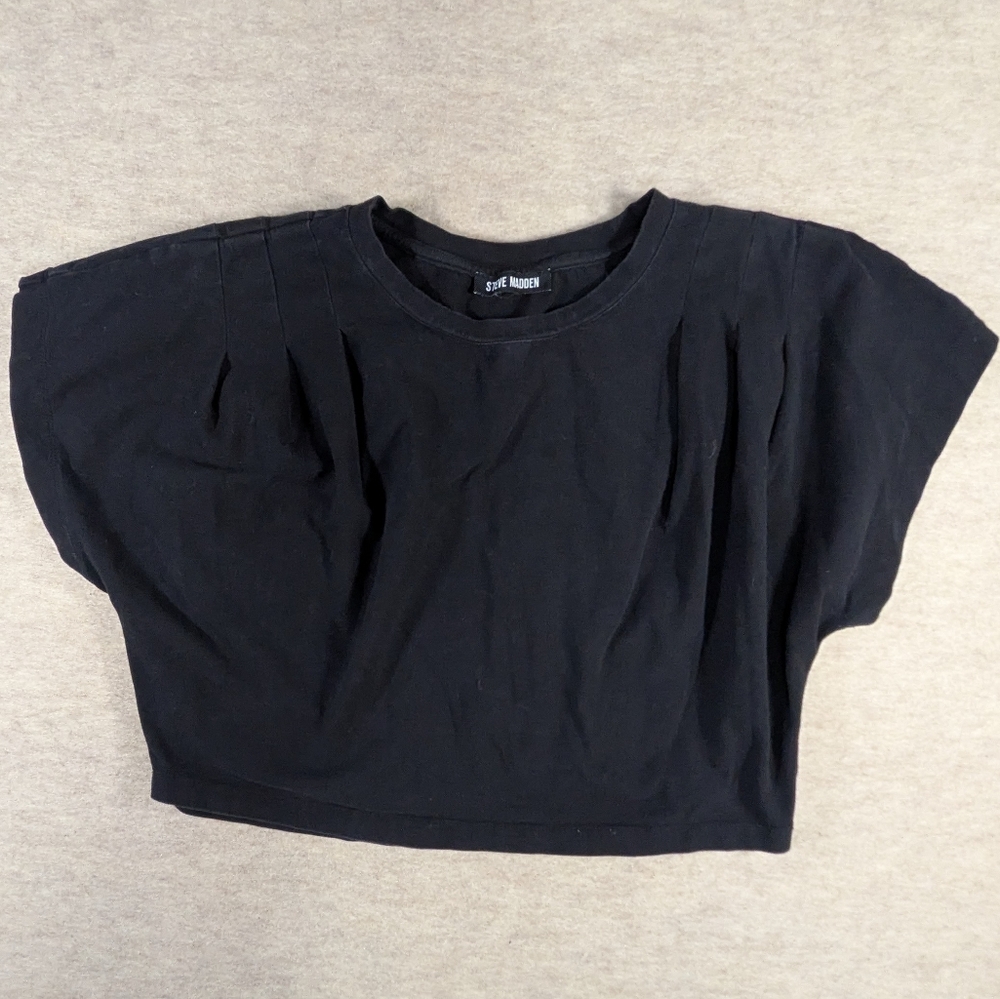 Steve Madden Pleated Black Crop Top Thick Quality Date Night Elevated T Shirt L